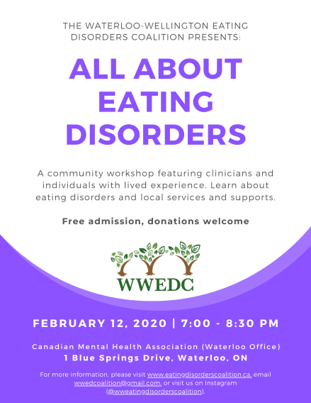 poster with purple caption all about eating disorders by the waterloo wellington eating disorders coalition 